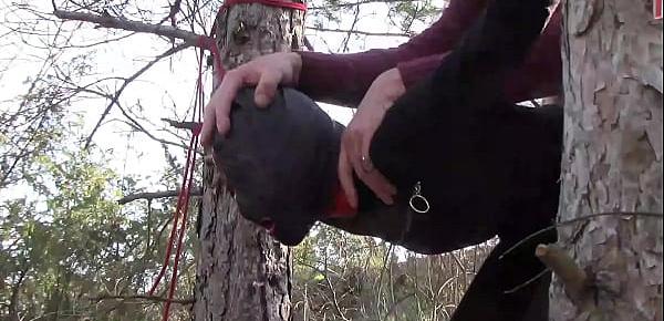 Outdoor sex in the wood. Wearing sexy clothes and high heels, bound, throated and fucked